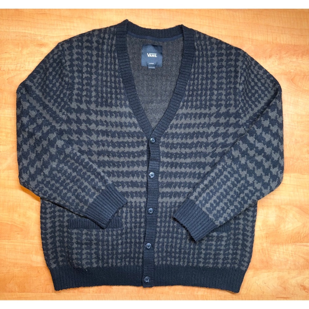 Vans Mens Houndstooth Cardigan Sweater Large Gray Green Knit Button
